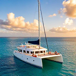 Caribbean Holidays, Puerto Rico Luxury, Luxury catamaran sailing along Puerto Rico's clear Caribbean coast, guests relaxing on deck and golden December sunlight