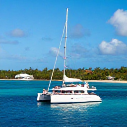 Caribbean Holidays, Puerto Rico Luxury, Luxury catamaran sailing along the clear turquoise coast of Puerto Rico in October, passengers enjoying sunshine and dramatic shoreline