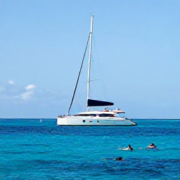 Caribbean Holidays, Puerto Rico Luxury, Luxury catamaran sailing along the Puerto Rico coastline on a sunny January day, with snorkellers and clear blue water