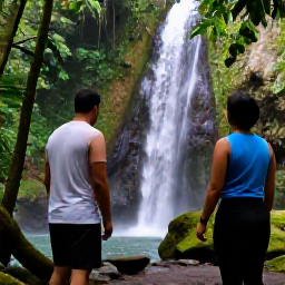 Caribbean Holidays, Puerto Rico Luxury, Luxury couple exploring El Yunque rainforest in Puerto Rico, with lush green foliage, a clear waterfall and guided walking trail
