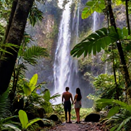 Caribbean Holidays, Puerto Rico Luxury, Luxury eco-lodge in Puerto Rico's El Yunque rainforest, lush foliage, waterfall and a couple exploring a forest trail