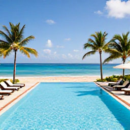 Caribbean Holidays, Puerto Rico Luxury, Luxury hotel pool overlooking a tropical beach in Puerto Rico, with sun loungers, palms and clear blue water