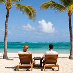 Caribbean Holidays, Puerto Rico Luxury, Luxury Puerto Rican beach holiday scene with elegant sun loungers, palm trees, turquoise sea and a relaxed couple enjoying the view