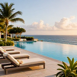 Caribbean Holidays, Puerto Rico Luxury, Luxury Puerto Rico hotel terrace with infinity pool, comfortable loungers, tropical gardens and ocean views in soft morning sunshine