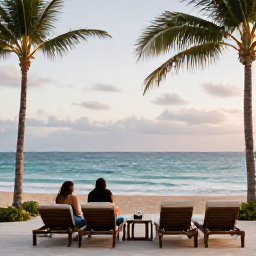 Caribbean Holidays, Puerto Rico Luxury, Luxury resort terrace overlooking a calm Puerto Rican beach, with sun loungers, palm trees and a couple enjoying a quiet afternoon