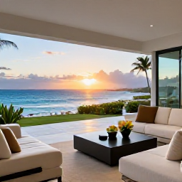 Caribbean Holidays, Puerto Rico Luxury, Luxury suite with private terrace overlooking the Puerto Rican coast at sunset, featuring modern furnishings and tropical flowers