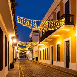 Caribbean Holidays, Puerto Rico Luxury, Old San Juan at dusk with colourful colonial buildings, cobbled street, warm lights and festive December decorations