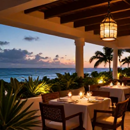Caribbean Holidays, Puerto Rico Luxury, Open-air fine dining restaurant in Puerto Rico at sunset, with beautifully set tables, tropical plants and warm lantern light