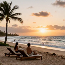Caribbean Holidays, Puerto Rico Luxury, Peaceful Puerto Rico beach at sunset with luxury loungers, gentle waves, palm trees and a couple enjoying a quiet evening