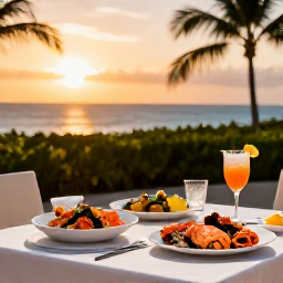 Caribbean Holidays, Puerto Rico Luxury, Romantic outdoor dining table at a luxury Puerto Rican resort, fresh seafood, tropical cocktails and sunset sea view