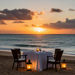 Caribbean Holidays, Puerto Rico Luxury, Romantic Puerto Rico beach dinner at sunset, elegant table setting, lanterns and ocean view