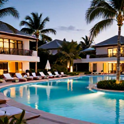 Caribbean Holidays, Puerto Rico Luxury, Stylish Puerto Rican resort pool at dusk with palm trees, soft lighting and guests enjoying a peaceful luxury holiday