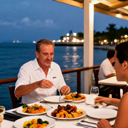 Caribbean Holidays, Puerto Rico Luxury, Travellers enjoying a refined seafood dinner at a waterside restaurant in Puerto Rico, with colourful local dishes and evening lights