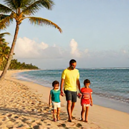 Caribbean Holidays, Puerto Rico March, A happy family walking along a sunny Puerto Rican beach in March, palm trees, calm turquoise water and soft golden light