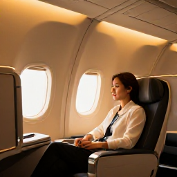 Caribbean Holidays, Puerto Rico March, Business class passenger relaxing in a comfortable aircraft seat, warm golden cabin lighting, elegant travel atmosphere