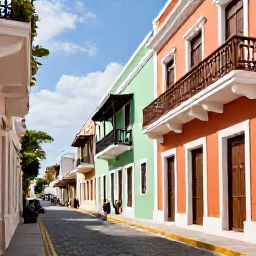 Caribbean Holidays, Puerto Rico March, Colourful historic street in Old San Juan, Puerto Rico, with colonial buildings, balconies and cobbled paving