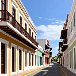 Caribbean Holidays, Puerto Rico March, Colourful Old San Juan street in Puerto Rico with Spanish colonial buildings, balconies and lively local atmosphere