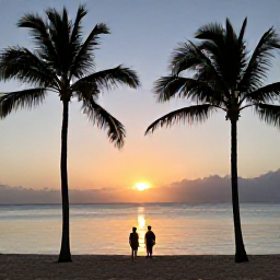 Caribbean Holidays, Puerto Rico March, Couple enjoying a peaceful Puerto Rico beach sunset with palm silhouettes and calm Caribbean water