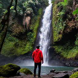 Caribbean Holidays, Puerto Rico March, Couple viewing lush tropical rainforest and a waterfall in El Yunque National Forest, Puerto Rico