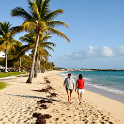 Caribbean Holidays, Puerto Rico March, Couple walking along a palm-fringed beach in Puerto Rico during a sunny March afternoon