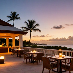 Caribbean Holidays, Puerto Rico March, Elegant adults-only resort terrace in Puerto Rico at sunset, with outdoor dining and warm lights