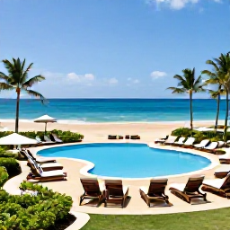 Caribbean Holidays, Puerto Rico March, Elegant all-inclusive Puerto Rico resort overlooking a sandy beach, with swimming pool, sun loungers and tropical gardens