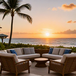 Caribbean Holidays, Puerto Rico March, Elegant Puerto Rico resort terrace at sunset with ocean views, comfortable seating and a relaxed holiday atmosphere