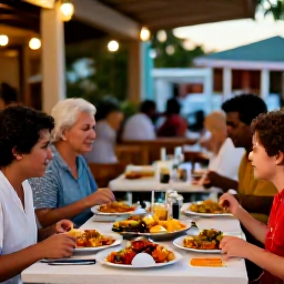 Caribbean Holidays, Puerto Rico March, Family enjoying a Puerto Rican dinner at an outdoor restaurant, colourful local dishes, warm evening light and a relaxed atmosphere