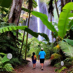 Caribbean Holidays, Puerto Rico March, Family hiking through lush El Yunque rainforest in Puerto Rico, tropical plants, a clear waterfall and a safe woodland trail