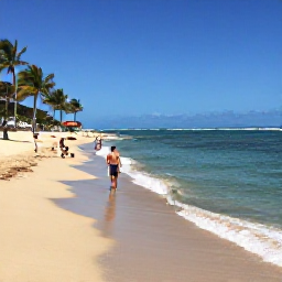 Caribbean Holidays, Puerto Rico March, Family swimming and relaxing on a beautiful Puerto Rican beach, gentle waves, bright blue sea, palm trees and a safe sandy shoreline