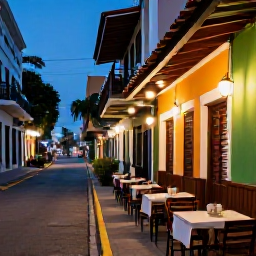 Caribbean Holidays, Puerto Rico March, Lively San Juan restaurant street at dusk with outdoor tables, Puerto Rican dishes and warm city lights