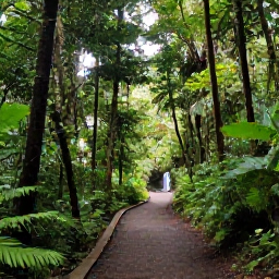Caribbean Holidays, Puerto Rico March, Lush El Yunque rainforest in Puerto Rico with a walking trail, tropical foliage and a small waterfall