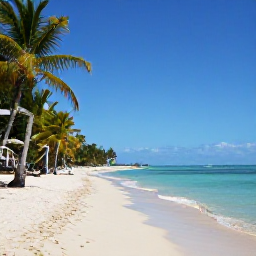 Caribbean Holidays, Puerto Rico March, Palm-fringed beach in Puerto Rico with turquoise water, soft white sand and a clear blue sky in March