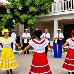 Caribbean Holidays, Puerto Rico March, Puerto Rican musicians performing live bomba and plena music in a lively outdoor courtyard, with dancers and colourful traditional clothing