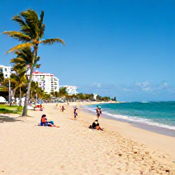 Caribbean Holidays, Puerto Rico March, San Juan beach with golden sand, turquoise water, coconut palms and visitors enjoying a warm March afternoon