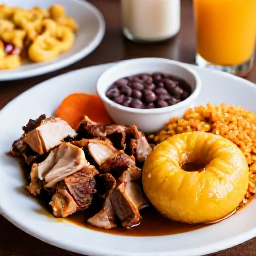 Caribbean Holidays, Puerto Rico March, Traditional Puerto Rican food including mofongo, roasted pork, rice and beans served at a welcoming local restaurant