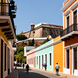 Caribbean Holidays, Puerto Rico March, Travellers walking through the colourful colonial streets of Old San Juan, Puerto Rico, with historic forts and vibrant buildings in warm March sunshine