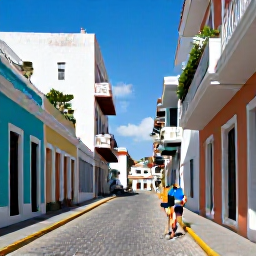 Caribbean Holidays, Puerto Rico May, Bright street scene in Old San Juan, Puerto Rico, with colourful colonial buildings, cobbled pavement and visitors enjoying a sunny May day