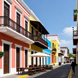 Caribbean Holidays, Puerto Rico May, Colourful Old San Juan street with Spanish colonial buildings, balconies and local cafes in bright sunshine