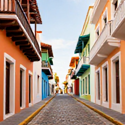 Caribbean Holidays, Puerto Rico May, Colourful Old San Juan street with Spanish colonial buildings, balconies, cobbled pavement and warm May sunshine