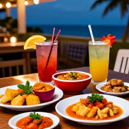 Caribbean Holidays, Puerto Rico May, Colourful Puerto Rican dishes and tropical drinks on a relaxed restaurant table in San Juan during an evening in May