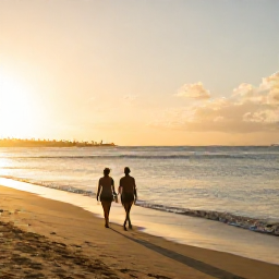 Caribbean Holidays, Puerto Rico May, Couple walking along a quiet Puerto Rican beach in May, golden evening light and calm Caribbean water