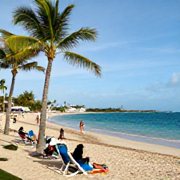 Caribbean Holidays, Puerto Rico May, Golden Puerto Rico beach with turquoise Caribbean water, palm trees, sun loungers and visitors enjoying a calm May afternoon