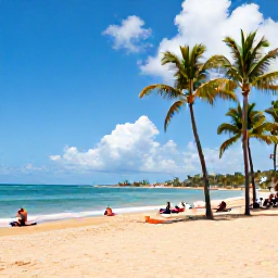 Caribbean Holidays, Puerto Rico May, Golden sandy beach in Condado, San Juan, Puerto Rico, with palm trees, calm blue water and people relaxing in May