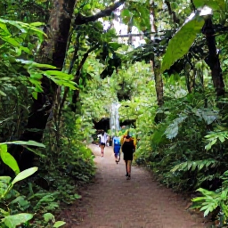 Caribbean Holidays, Puerto Rico May, Lush El Yunque rainforest trail in Puerto Rico with tropical foliage, a small waterfall and hikers in May