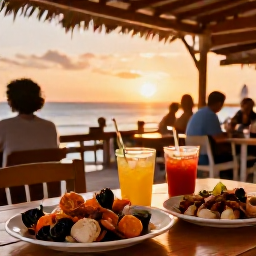Caribbean Holidays, Puerto Rico May, Puerto Rican seaside restaurant at sunset with fresh seafood, tropical drinks and relaxed diners