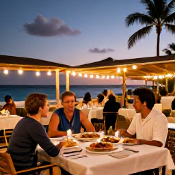 Caribbean Holidays, Puerto Rico May, Relaxed Puerto Rico evening with outdoor dining, local dishes, warm lights and a gentle tropical sunset