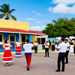 Caribbean Holidays, Puerto Rico May, Traditional Puerto Rican festival with musicians, dancers and local families celebrating outdoors in a colourful town square