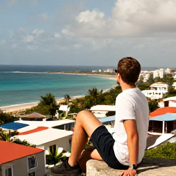 Caribbean Holidays, Puerto Rico May, Traveller enjoying a scenic viewpoint over San Juan and the Caribbean coastline in warm May sunshine
