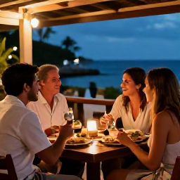 Caribbean Holidays, Puerto Rico Multi-Centre, Friends enjoying a relaxed Caribbean dinner at an outdoor restaurant in Puerto Rico during a warm March evening